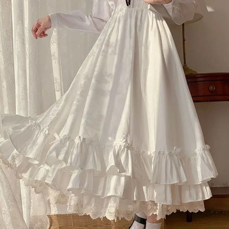 Color: black, Size: S, Ships From: CHINA - Japanese ruffles pleated skirt woman sweet high waist loose Ankle-length skirts women college style black patchwork A-line skirt