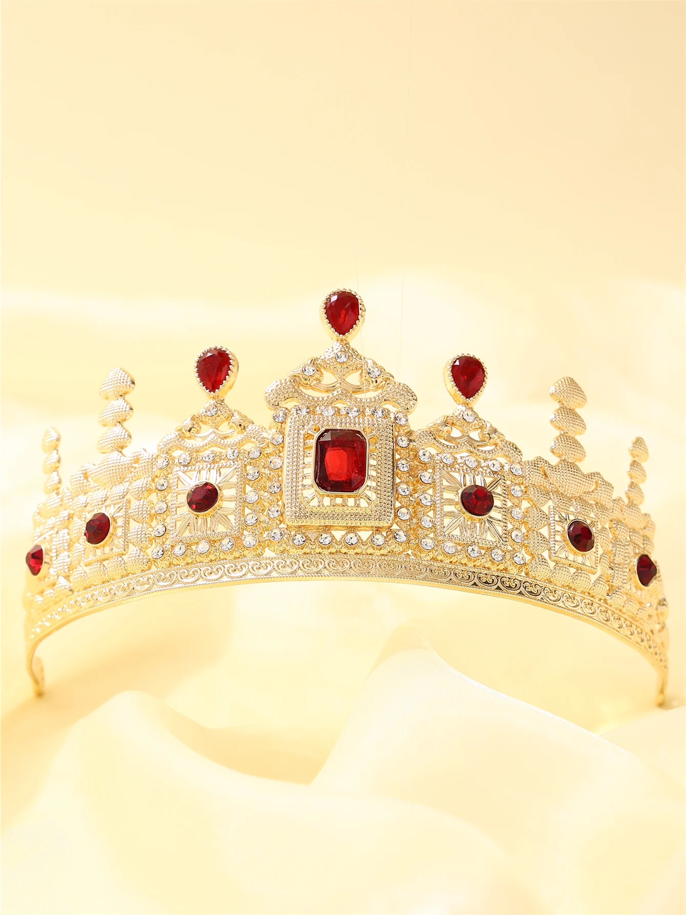 Metal color: Light Yellow Gold Color - European Princess Queen Round Headdress Moroccan Bride Crystal Crown King Bride Headdress Wedding Hair Accessories