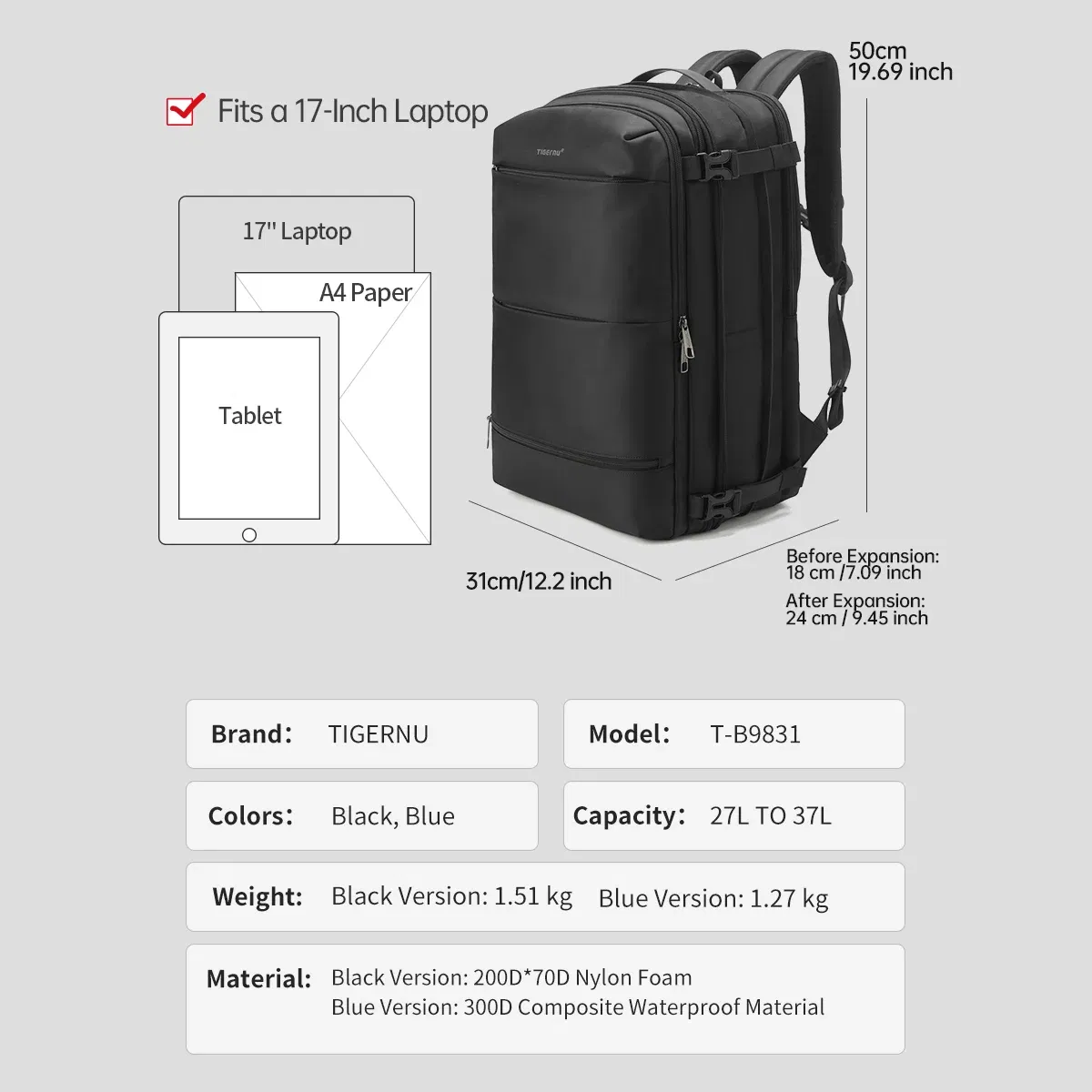 Color: Beige, Ships From: CHINA - Lifetime Warranty Travel Backpack Men Business Backpack Schoolbag Expandable USB Bag Large Capacity 17 Laptop Bag Waterproof Bag