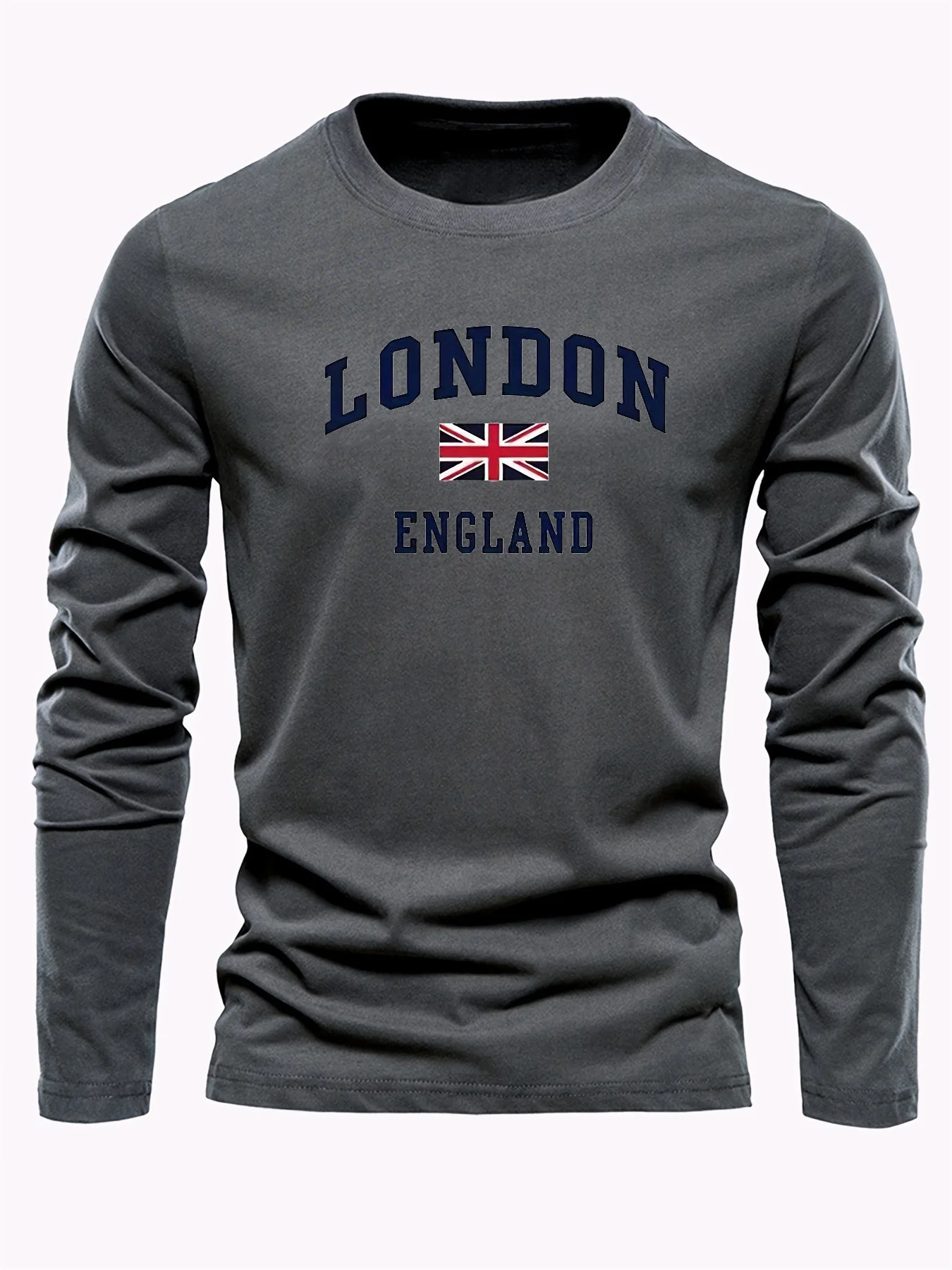 Color: Khaki, Size: M - Spring and Autumn 100% Cotton Men's London ENGLAND Letter Printed Loose Sport and Leisure Round Neck Long Sleeve T-shirt