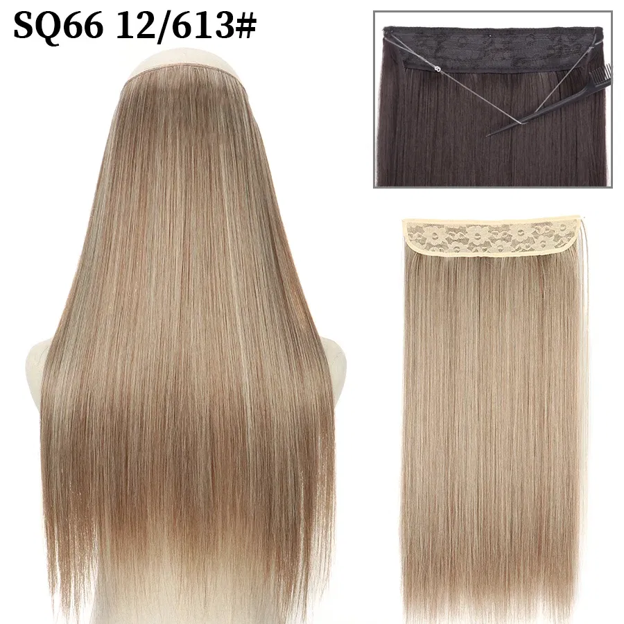 Color: #5, Stretched Length: 22inches, Ships From: CHINA - Synthetic Natural Wavy No Clip Fish Line Invisible Hair Extensions Mixed Color Blonde Black Artificial False Hair Piece ForWomen