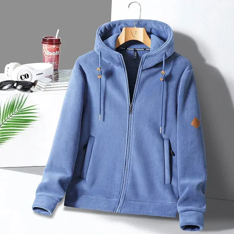 Color: Blue, Size: XXL - Winter Warm Cashmere Jacket Mens High-end Ski Fleece Iined Thickened Hoodie Coat Casual Womens Outdoor Camping Cold-proof Jacket