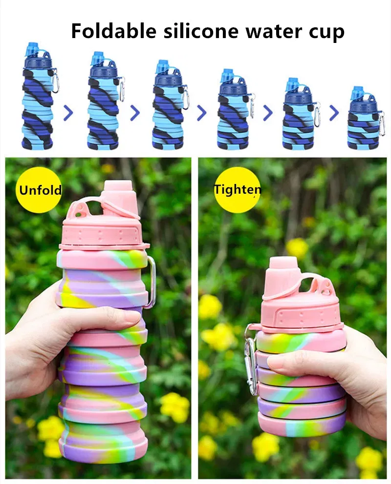 Color: Blue, Capacity: 0.5L - Portable Silicone Foldable Water Bottle, Outdoor Sports, Mountaineering, Riding, New, 2024