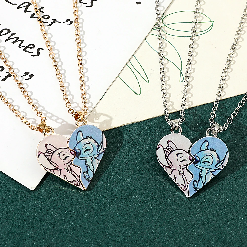 Metal Color: Black Zinc Plated - Disney-Stitch Heart Necklace for Couple, Gold and Silver Color, Angel and Stitch, Cute Style , Jewelry Pendant, Gift for Girl, 1