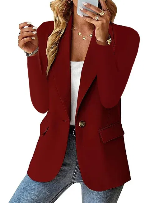 Color: Burgundy, Size: M - Womens Spring Winter Down Full Long Sleeve Coat Autumn Blazer Button Outwear Suit Cardigan Female