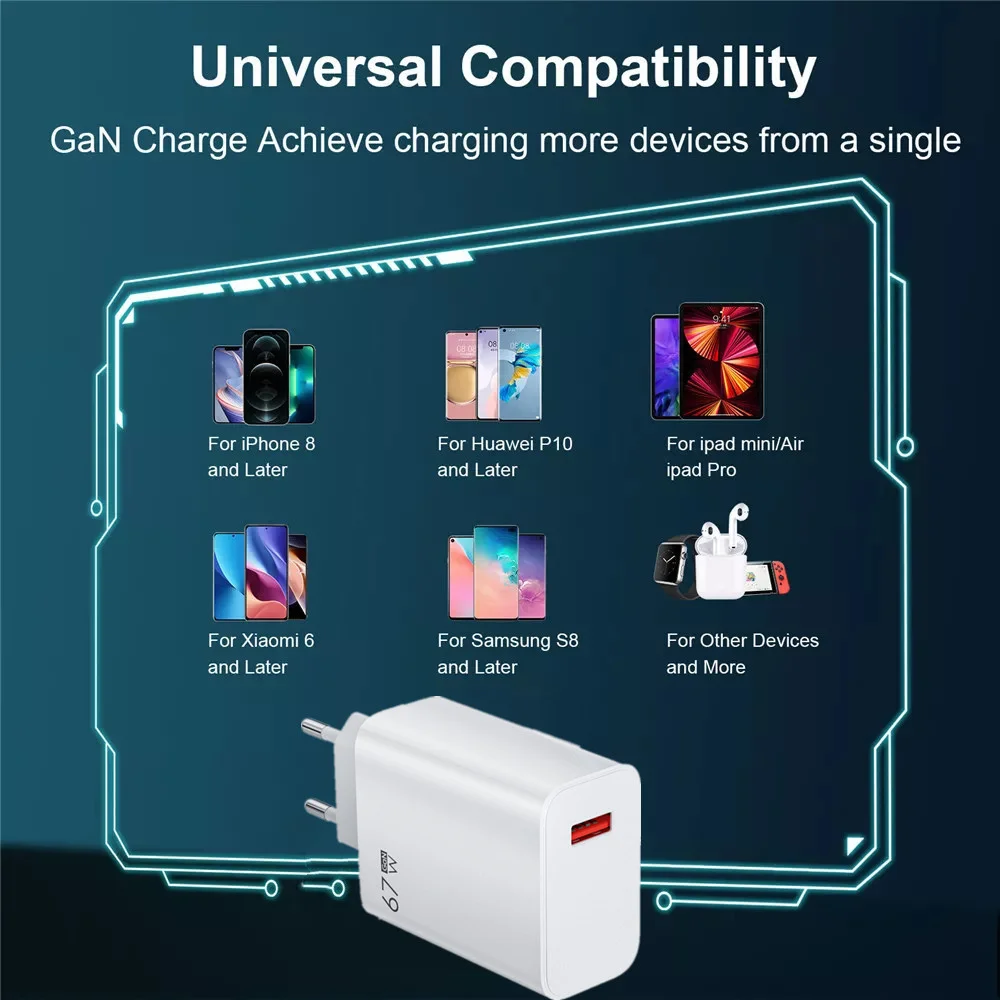 67W USB GaN Charger Quick Charge3.0 Phone Adapter EU/US Plug For iPhone Samsung Xiaomi Huawei Fast Charging Phone Wall Charger
