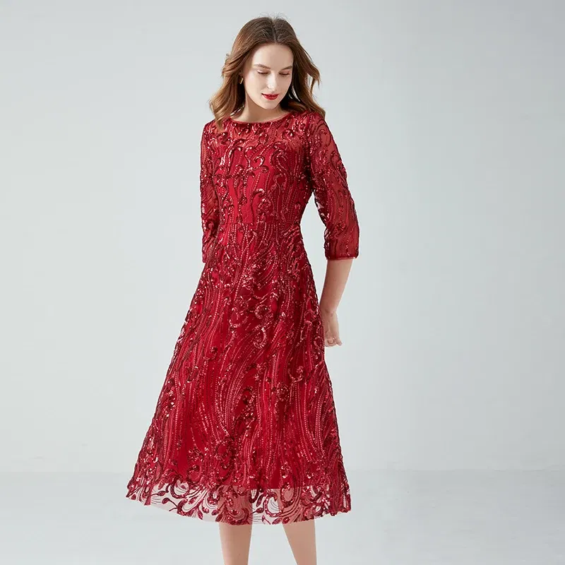 Color: Burgundy, Size: M - Women's Lace Dress Sequin Evening Dresses Spring and Autumn New Wedding Banquet Broad Wife Fat Plus Size Long Dress Long Red