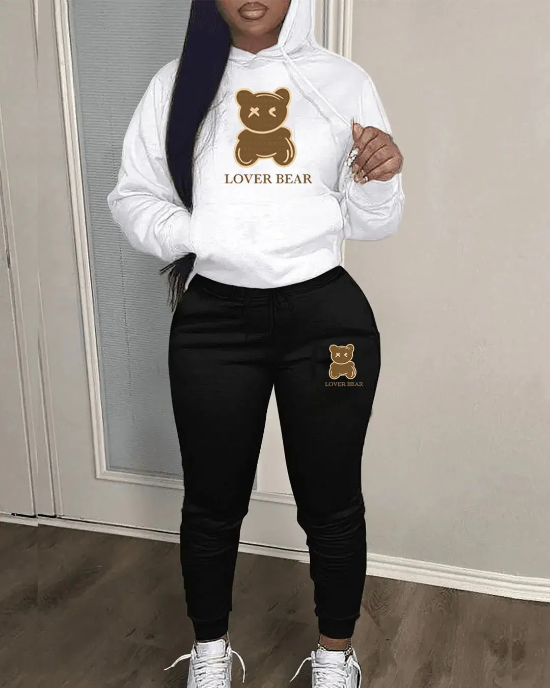 Color: Beige, Size: XXXL - 2 Piece Set Women Outfit Letter Bear Print Hooded Neck Hoodies Sweatshirt Pants Tracksuit 2024 Plus Size Streetwear Casual Suit