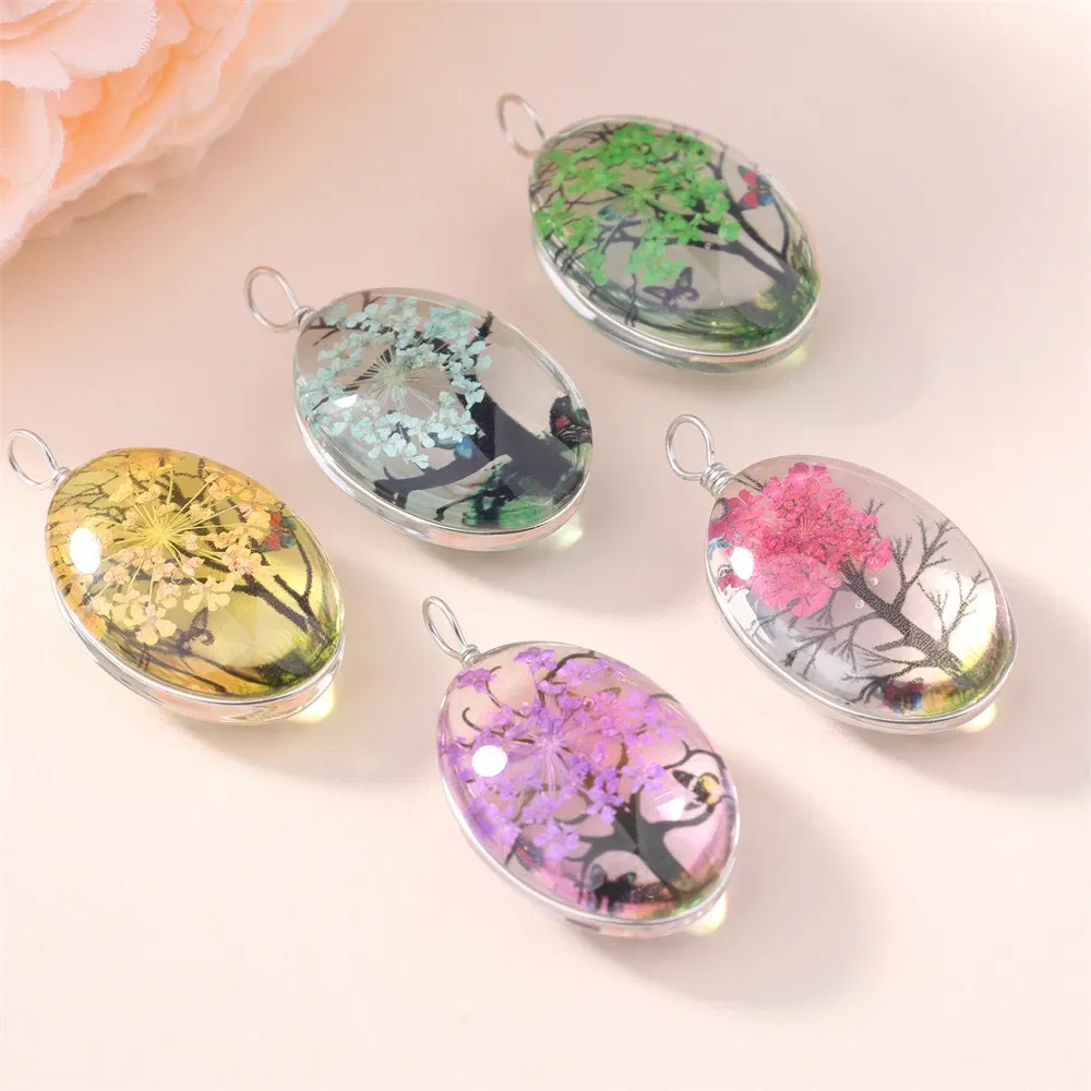 Metal color: Light Yellow Gold Color - 5Pcs Time Gemstone Starry Dried Flower Pendant Round Dried Flower Glass Pendant DIY Necklace Pendant Jewelry Accessories