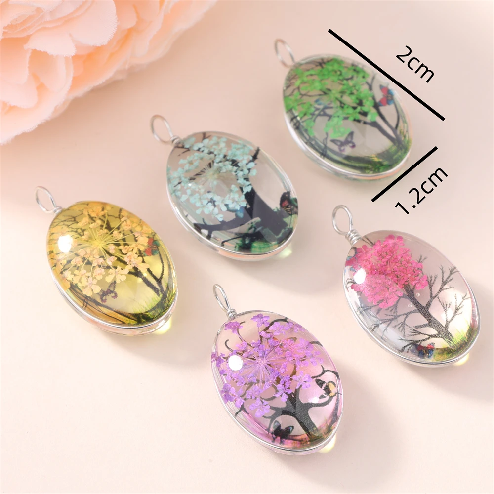 Metal color: Light Yellow Gold Color - 5Pcs Time Gemstone Starry Dried Flower Pendant Round Dried Flower Glass Pendant DIY Necklace Pendant Jewelry Accessories