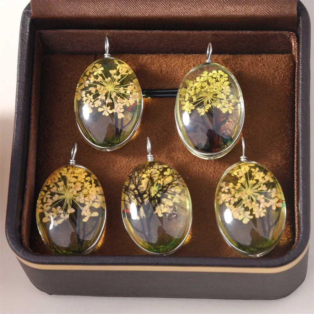 Metal color: Light Yellow Gold Color - 5Pcs Time Gemstone Starry Dried Flower Pendant Round Dried Flower Glass Pendant DIY Necklace Pendant Jewelry Accessories