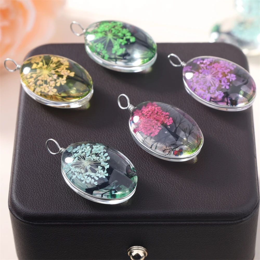 Metal color: Light Yellow Gold Color - 5Pcs Time Gemstone Starry Dried Flower Pendant Round Dried Flower Glass Pendant DIY Necklace Pendant Jewelry Accessories
