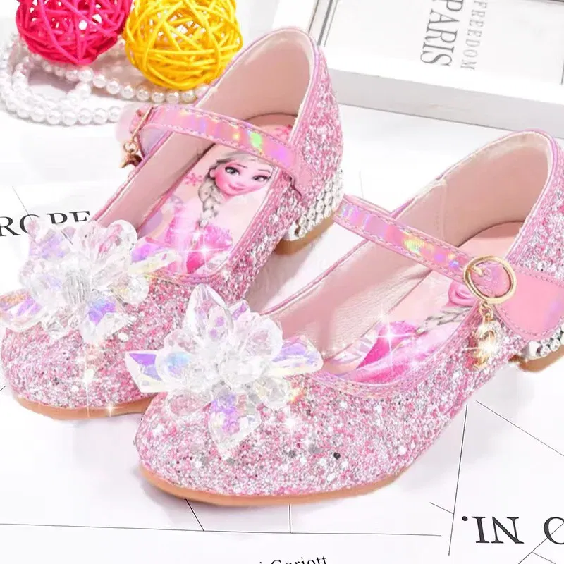 Color: PURPLE, Shoe Size: 30 - Disney Princess Elsa Leather Shoes Girls' High Heels Shoes Fashion Girls' Crystal Shiny Children's Blue Pink Shoes Size 26-35