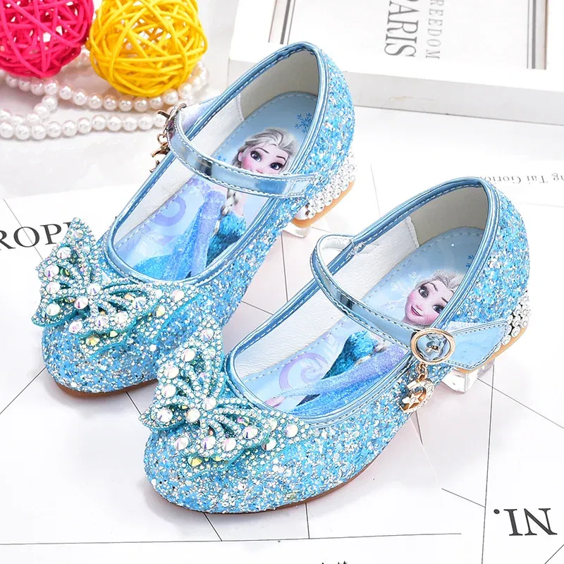 Color: PURPLE, Shoe Size: 30 - Disney Princess Elsa Leather Shoes Girls' High Heels Shoes Fashion Girls' Crystal Shiny Children's Blue Pink Shoes Size 26-35