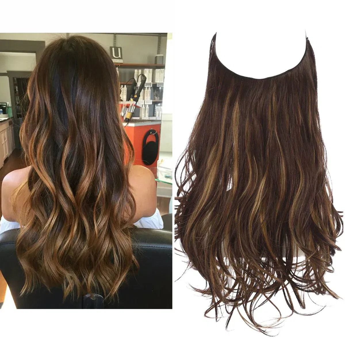 Color: T4/27/30, Stretched Length: 14inches - Synthetic No Clip Wave Hair Extensions Ombre Natural Black Blonde Pink One Piece False Hairpiece Fish Line Fake Hair Piece