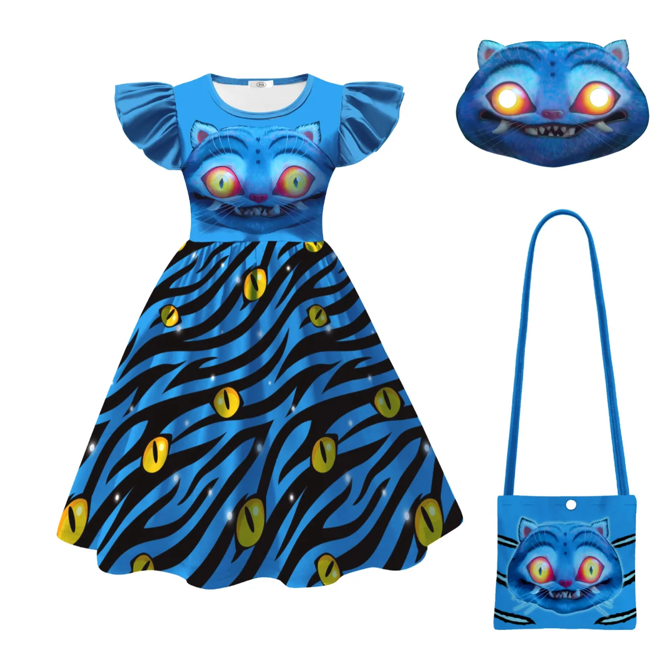Color: Blue, Kid Size: 4T - Festival Children Carnival Masquerade Elegant Party Kids Clothes Fashion Girls KPop Demon Hunter Tiger Print Dress for 3-14Years