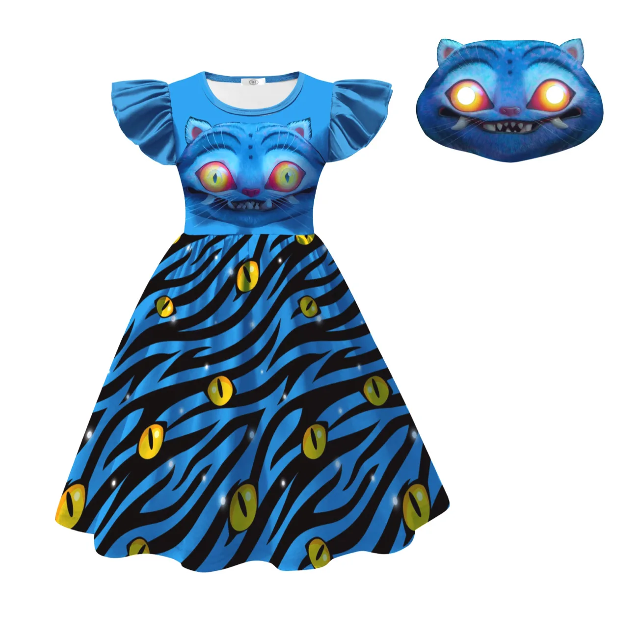 Color: Blue, Kid Size: 4T - Festival Children Carnival Masquerade Elegant Party Kids Clothes Fashion Girls KPop Demon Hunter Tiger Print Dress for 3-14Years