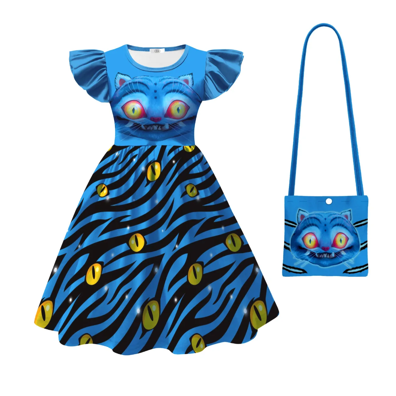 Color: Blue, Kid Size: 4T - Festival Children Carnival Masquerade Elegant Party Kids Clothes Fashion Girls KPop Demon Hunter Tiger Print Dress for 3-14Years