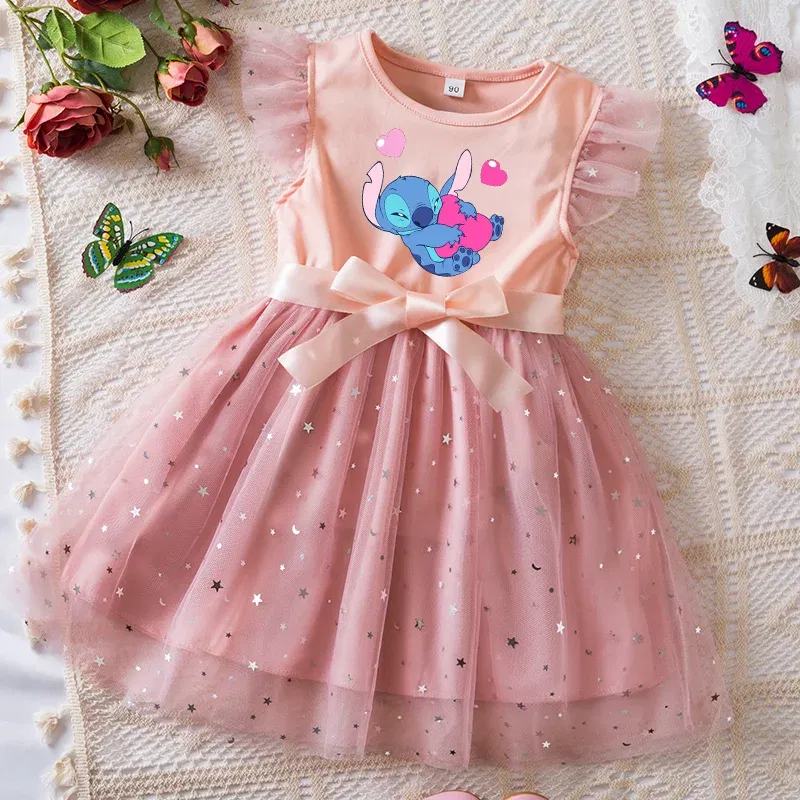 Color: SKY BLUE, Kid Size: 11 - Lilo Stitch Girls Sequin Tutu Dress with Bow Flutter Sleeves Summer Princess Party Outfit for Toddler Kids 2-6 Years