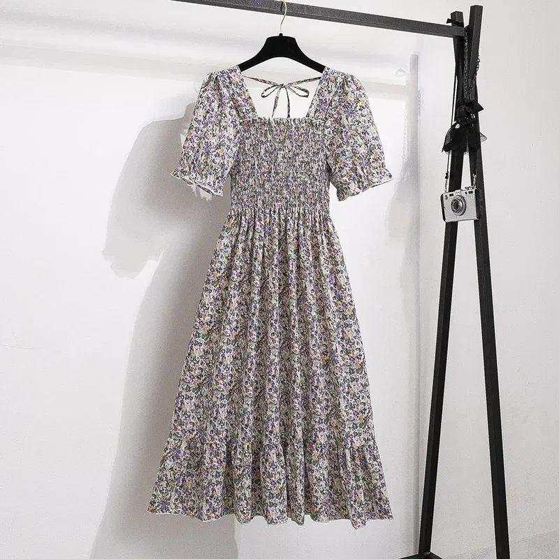 Color: Red, Size: One Size - Spring Summer Chiffon Dresses Fashion Female Elastic Waist Short Sleeve Pleated Casual Dress Women A-line Dresses Vestidos