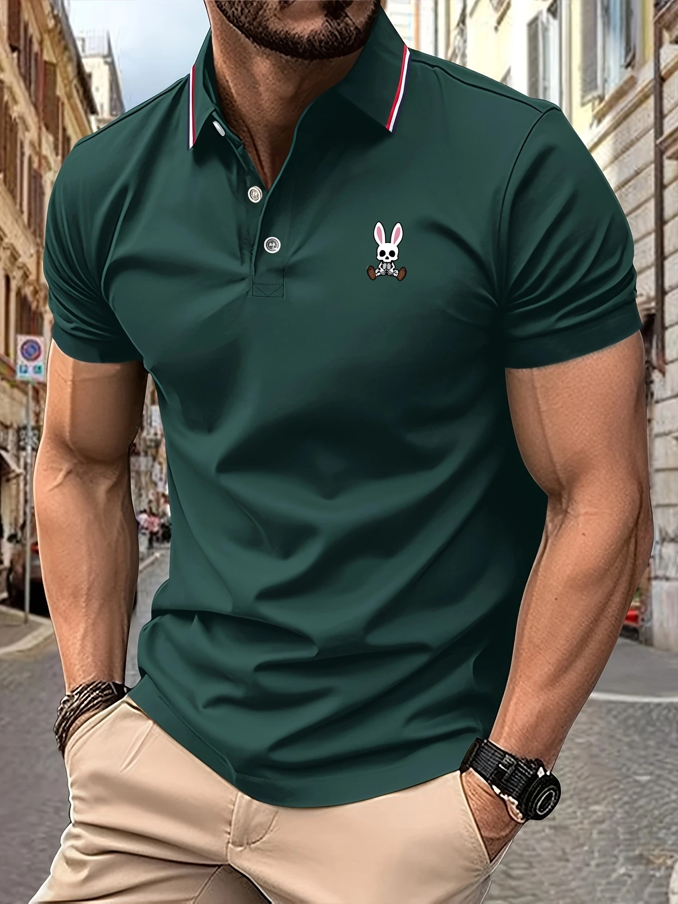 Color: green, Size: M - Mens Polo Shirts Skulls Rabbit Print 2025 New Summer Lapel Stripes Men Short Sleeve Casual Breathable Light Luxury T-Shirt