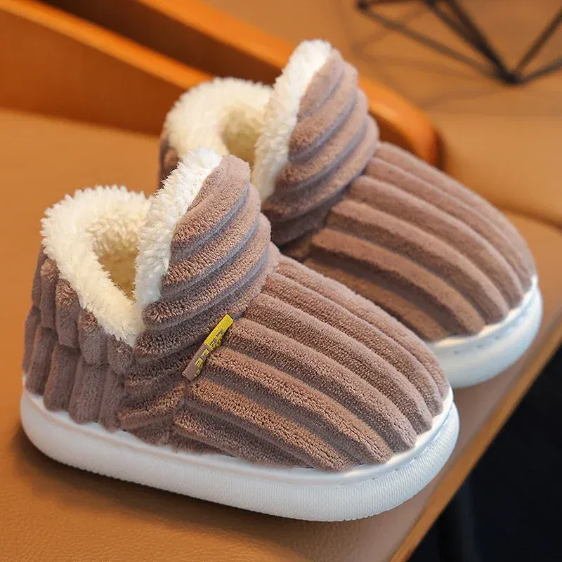 Color: Chocolate, Shoe Size: 4 - New Winter Concise Stripe Plush Slippers Children's Non-slip Soft Sole Kids Boys Girls Heel Wrap Warm High Home Cotton Shoes