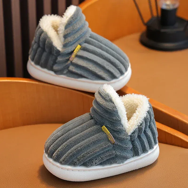 Color: Chocolate, Shoe Size: 4 - New Winter Concise Stripe Plush Slippers Children's Non-slip Soft Sole Kids Boys Girls Heel Wrap Warm High Home Cotton Shoes