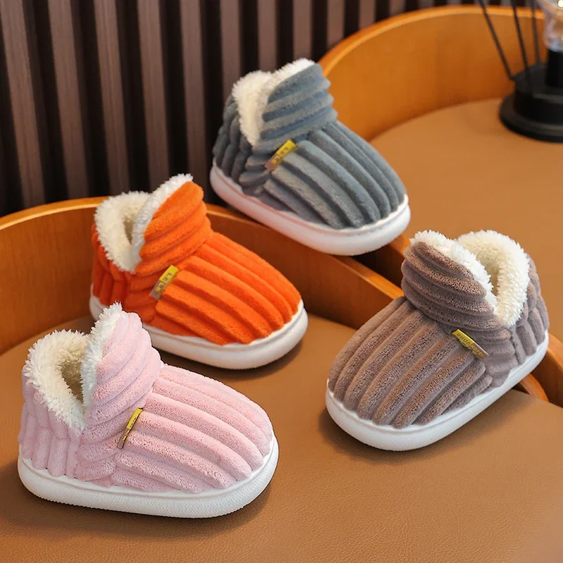 Color: Chocolate, Shoe Size: 4 - New Winter Concise Stripe Plush Slippers Children's Non-slip Soft Sole Kids Boys Girls Heel Wrap Warm High Home Cotton Shoes