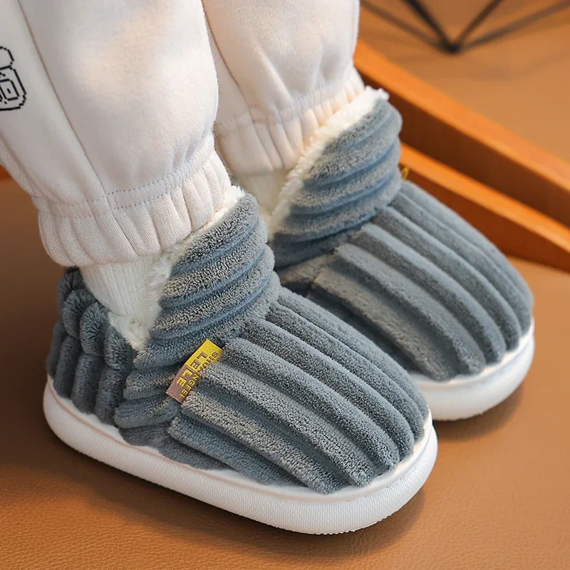 Color: Chocolate, Shoe Size: 4 - New Winter Concise Stripe Plush Slippers Children's Non-slip Soft Sole Kids Boys Girls Heel Wrap Warm High Home Cotton Shoes