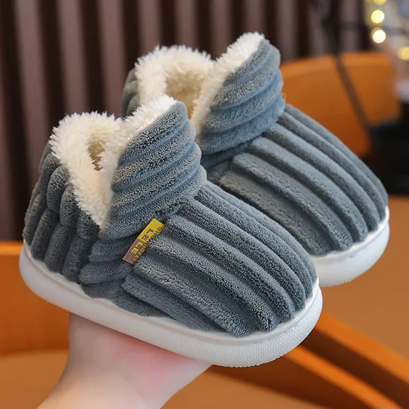Color: Chocolate, Shoe Size: 4 - New Winter Concise Stripe Plush Slippers Children's Non-slip Soft Sole Kids Boys Girls Heel Wrap Warm High Home Cotton Shoes