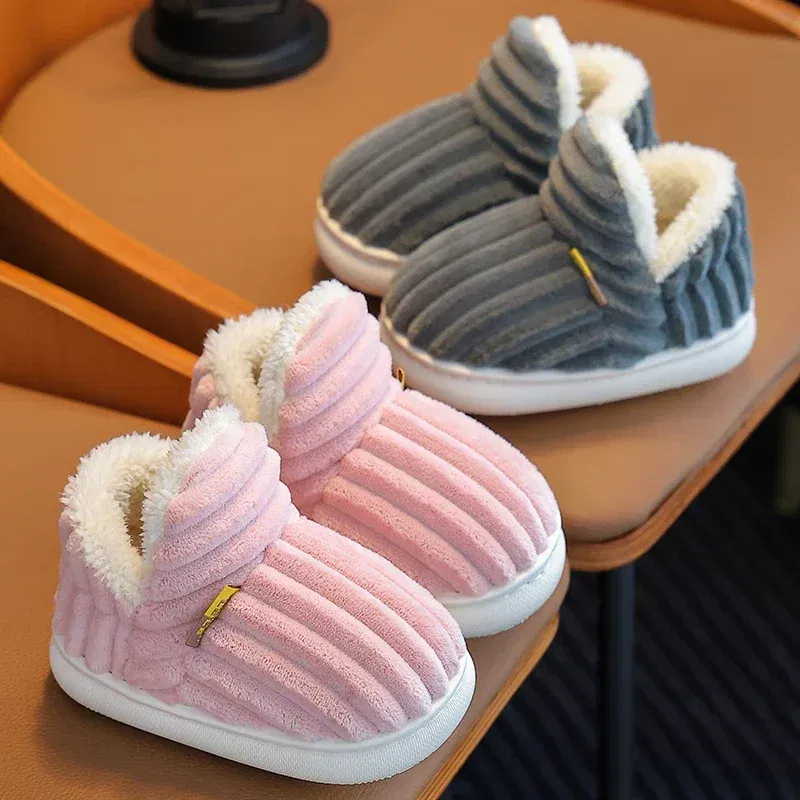 Color: Chocolate, Shoe Size: 4 - New Winter Concise Stripe Plush Slippers Children's Non-slip Soft Sole Kids Boys Girls Heel Wrap Warm High Home Cotton Shoes