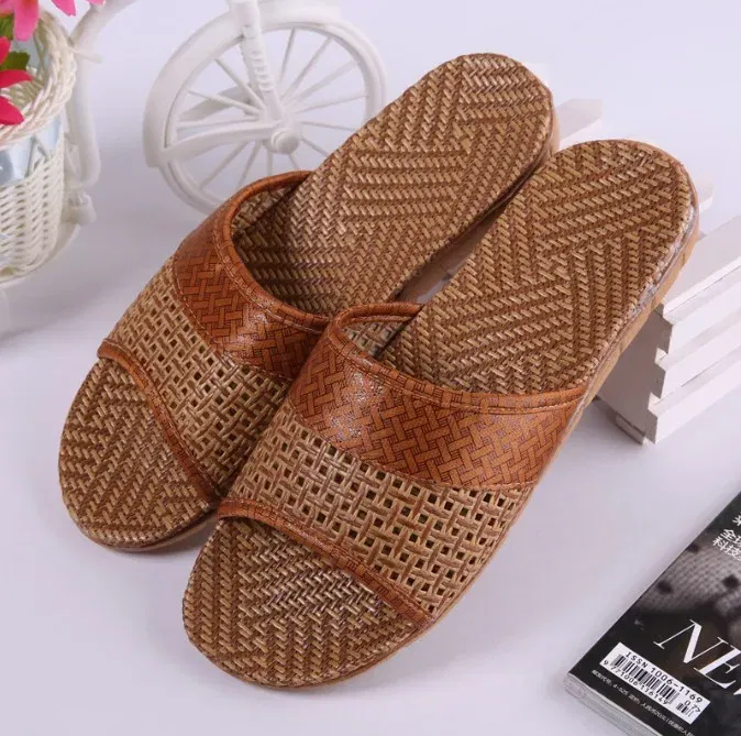 Color: Brown, Shoe Size: 43 - Mntrerm Summer Natural Bamboo Rattan Cane Grass Weaving Slippers Shoes Vine Grass Men Casual Slippers Non-slip Couples Slippers