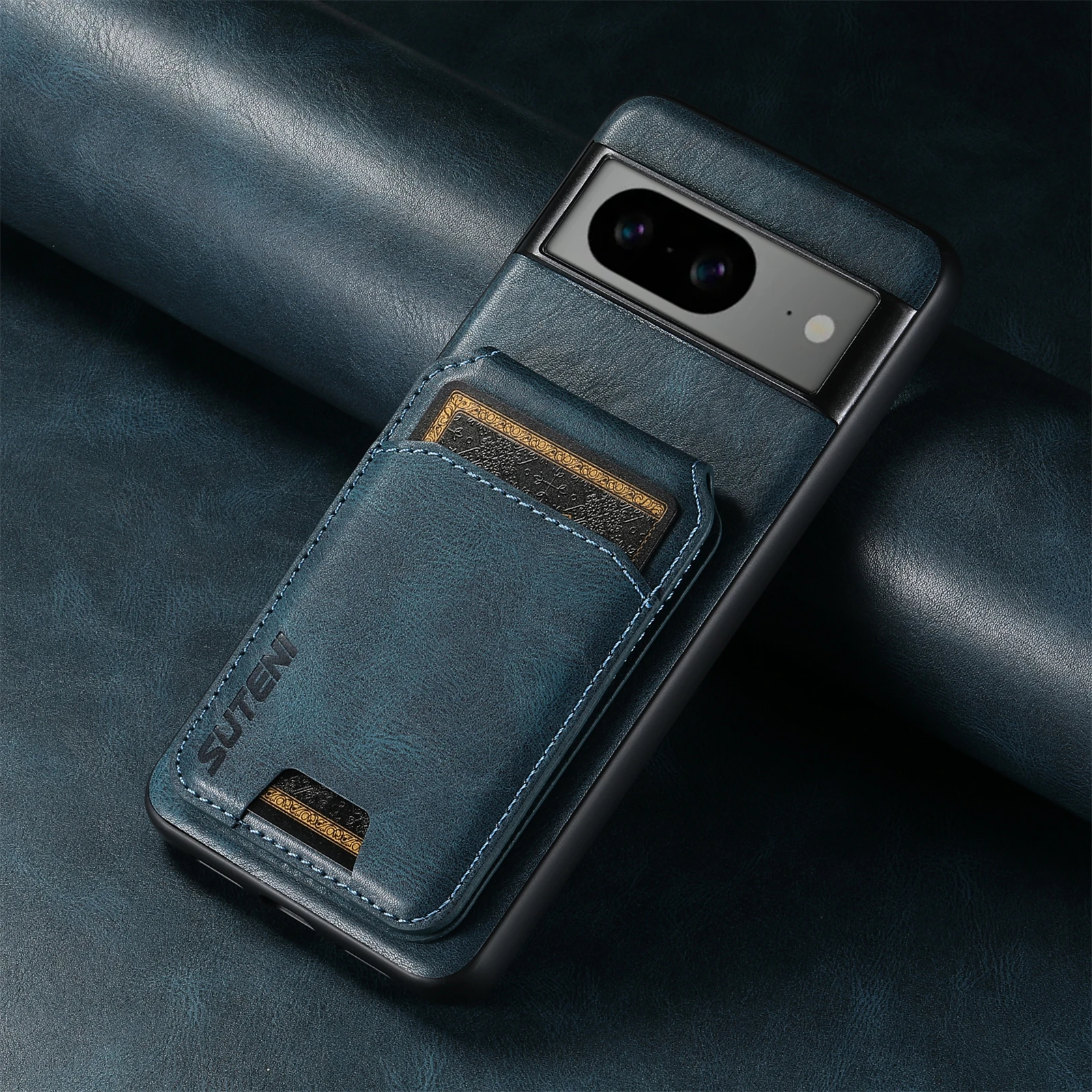 Color: Blue, Material: aluminum - SUTENI Card Holder Leather Pocket Wallet Phone Case Stand For Google Pixel 8A 8Pro 7 7Pro 7A 6 6Pro 6A
