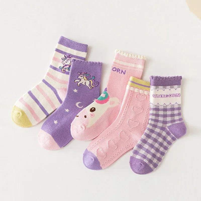 Color: Blue, Size: 10-12T - 5 pairs/lot Children's Socks Autumn Socks Girls Sweet Purple Floral Pattern Mid Calf Socks Baby Infant Cotton Socks