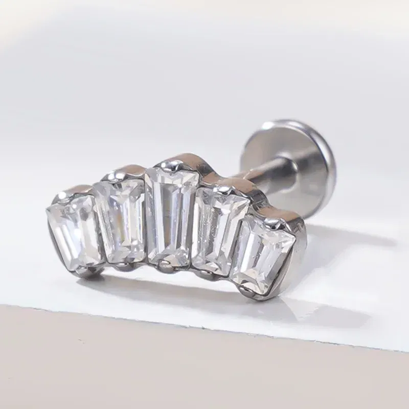 Metal color: PURPLE, Main Stone Color: Pink, Ships From: CHINA - G23 Titanium Ear Studs 5 Oblong CZ Blaze Curve Top Threaded Labret PIERC Lip Stud Ear Cartilage Tragus Helix Piercing Jewelry