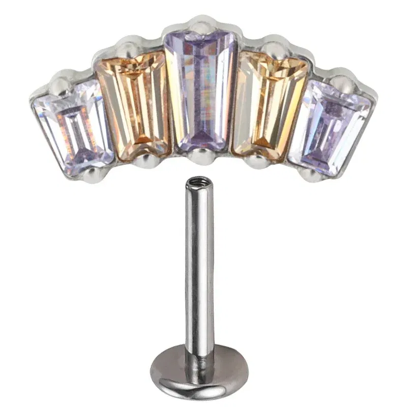 Metal color: PURPLE, Main Stone Color: Pink, Ships From: CHINA - G23 Titanium Ear Studs 5 Oblong CZ Blaze Curve Top Threaded Labret PIERC Lip Stud Ear Cartilage Tragus Helix Piercing Jewelry