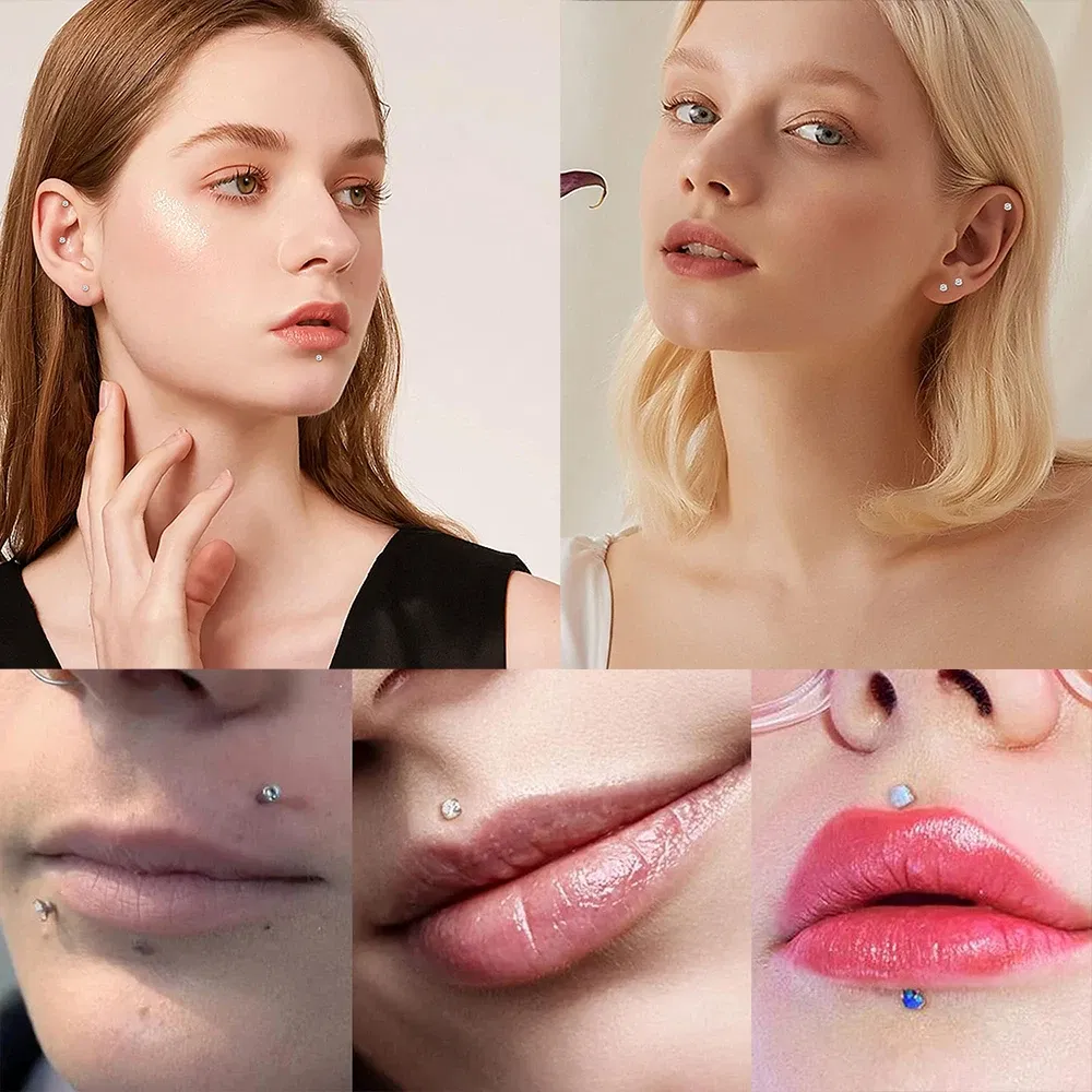 Metal color: SILVER PLATED, Ships From: CHINA, Main Stone Color: Beige - 10PCS ASTM F136 G23 Titanium Piercing Labret Lip Ring Stud Earring CZ Ear Tragus Cartilage Helix Daith Pierc Jewelry 16/18/20g