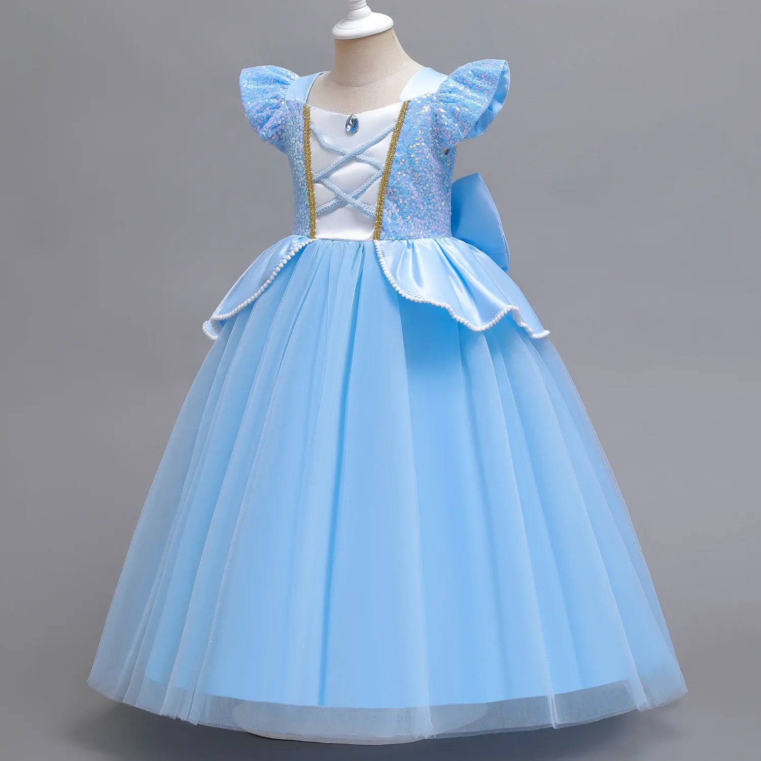 Kid Size: 5, Color: GRAY - Disney Deluxe Elegant Cinderella Princess Ball Gown Fancy Birthday Cinderella Party Dress Vestidos Costume Play Carnival Apparel