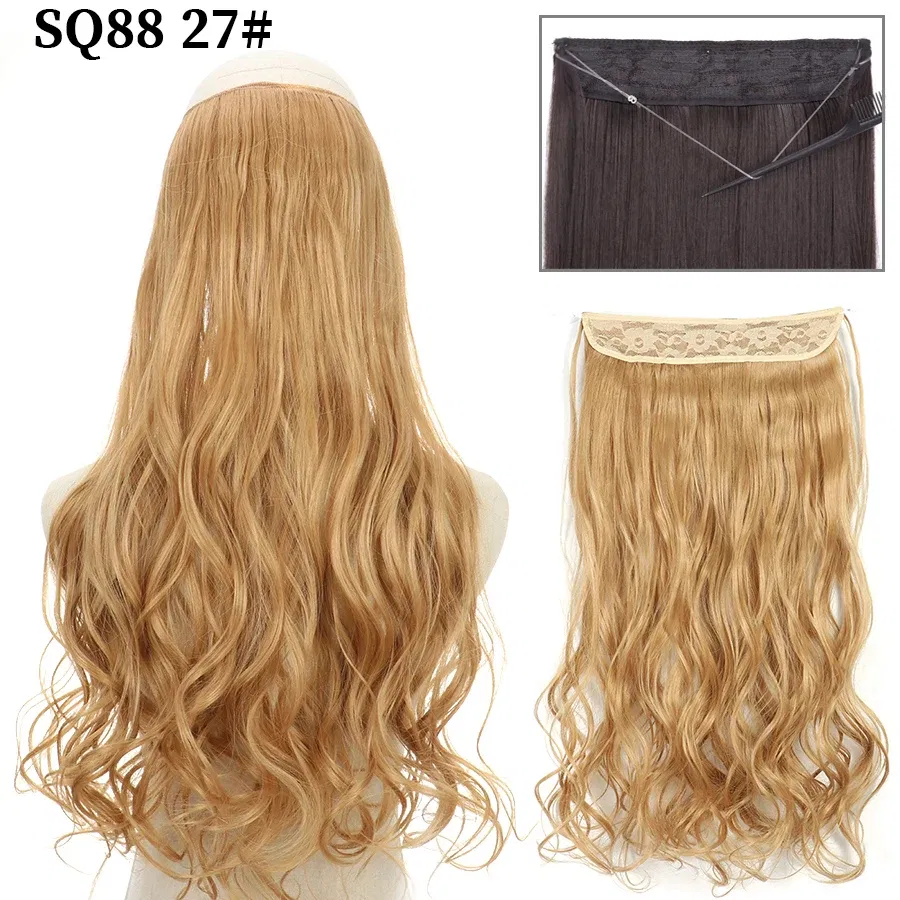 Color: P4/27, Stretched Length: 22inches, Ships From: CHINA - Synthetic Natural Wavy No Clip Fish Line Invisible Hair Extensions Mixed Color Blonde Black Artificial False Hair Piece ForWomen
