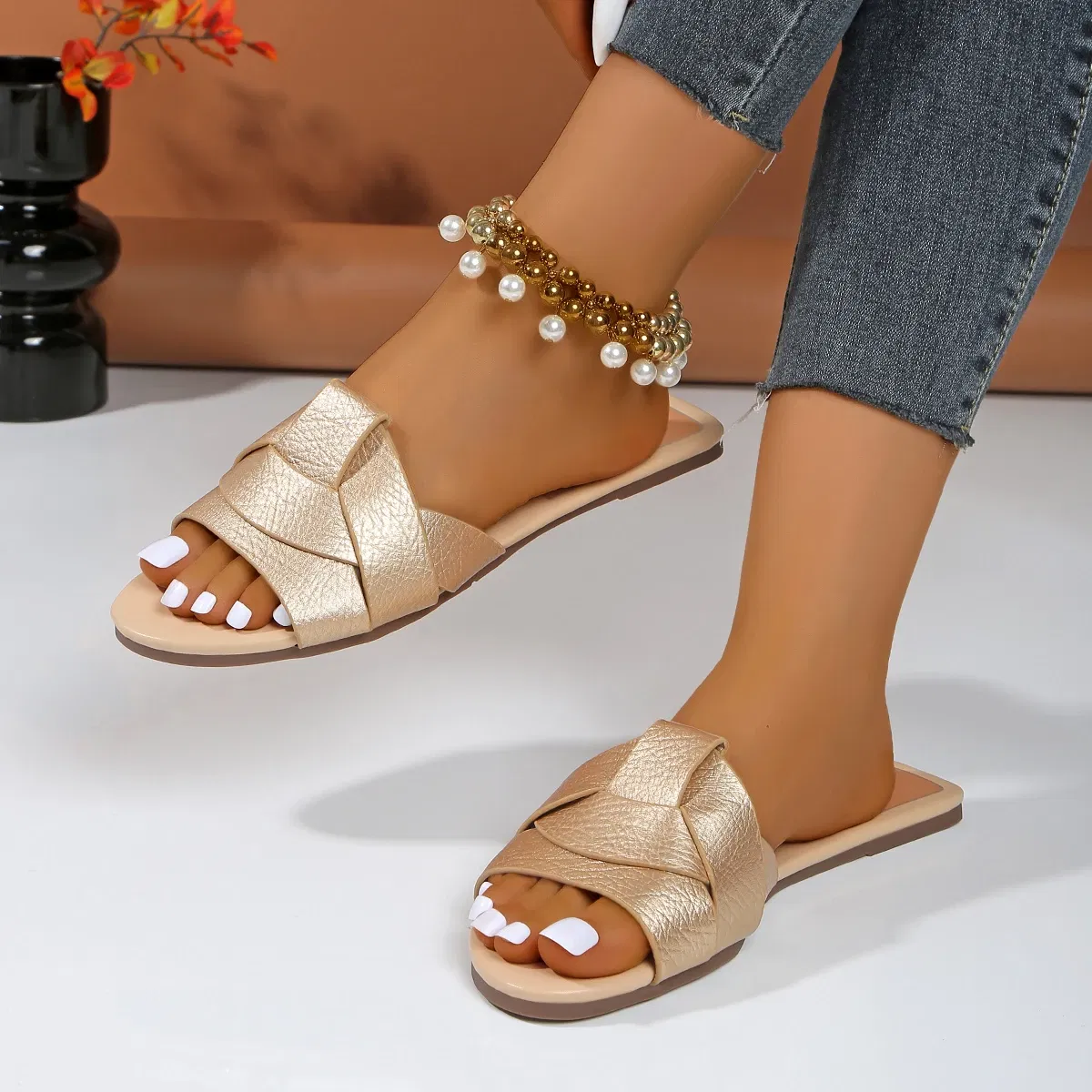 Color: Gold, Shoe Size: 40 - New Fashion Slippers Women Sexy Flat Sandals Casual Ladies Sand Beach Slippers Elegant Fish Mouth Slippers Women