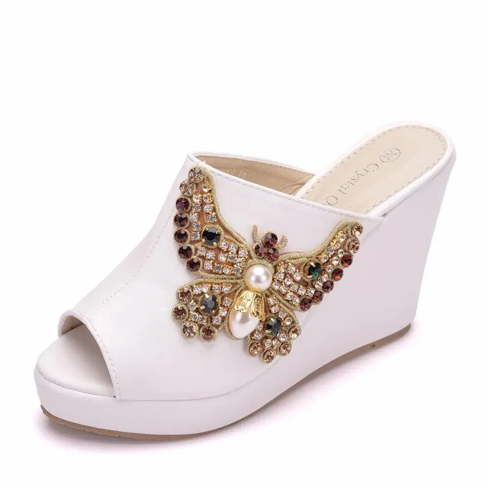 Color: Beige, Shoe Size: 34 - Crystal Queen 10cm Peep Toe Platform Wedges Slippers High Heels Beach Sandals Women