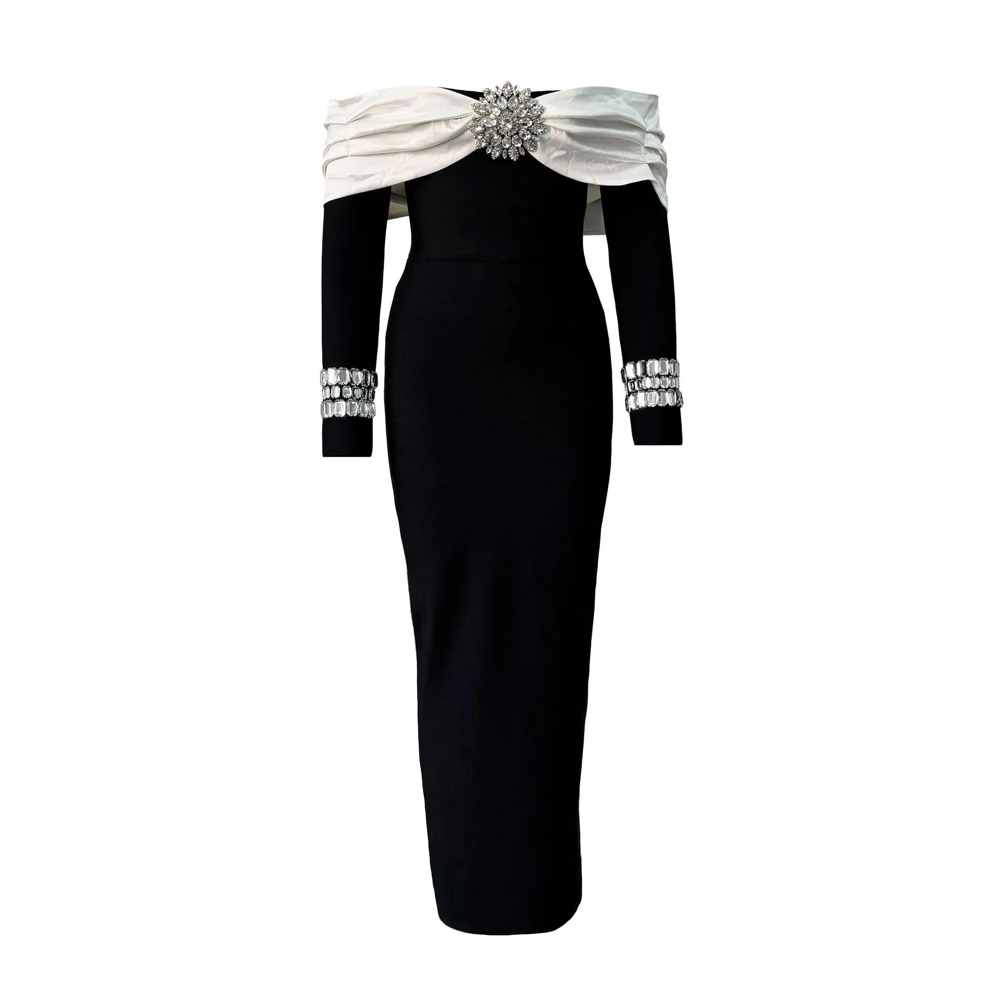 Color: black, Size: L - Women Beading Elegant Bandage Dress Sexy Off The Shoulder Long Sleeve Patchwork Clothing Club Party Celebrity Dresses