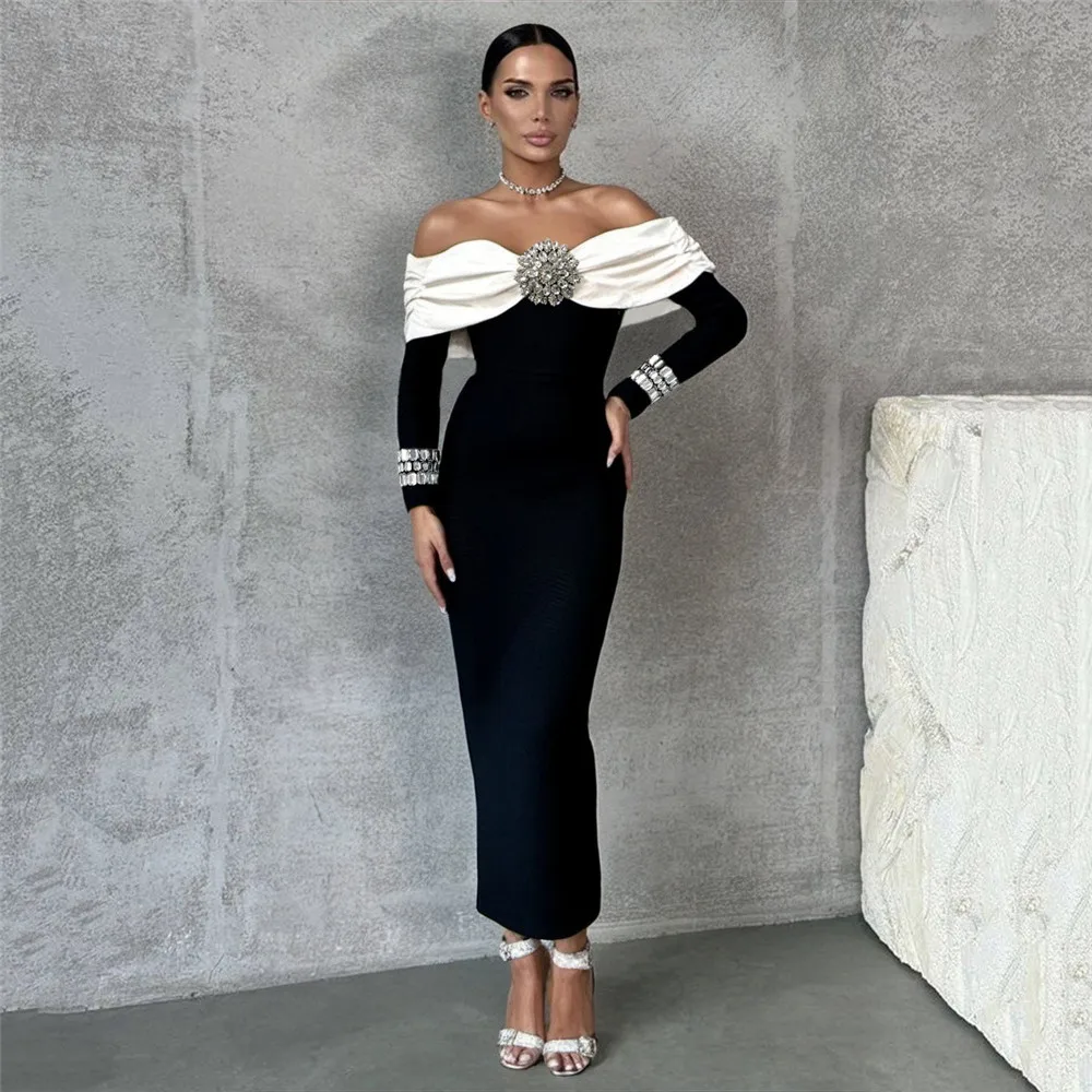 Color: black, Size: L - Women Beading Elegant Bandage Dress Sexy Off The Shoulder Long Sleeve Patchwork Clothing Club Party Celebrity Dresses