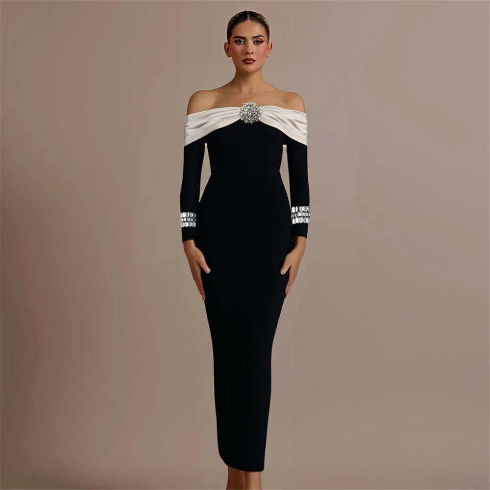 Color: black, Size: L - Women Beading Elegant Bandage Dress Sexy Off The Shoulder Long Sleeve Patchwork Clothing Club Party Celebrity Dresses