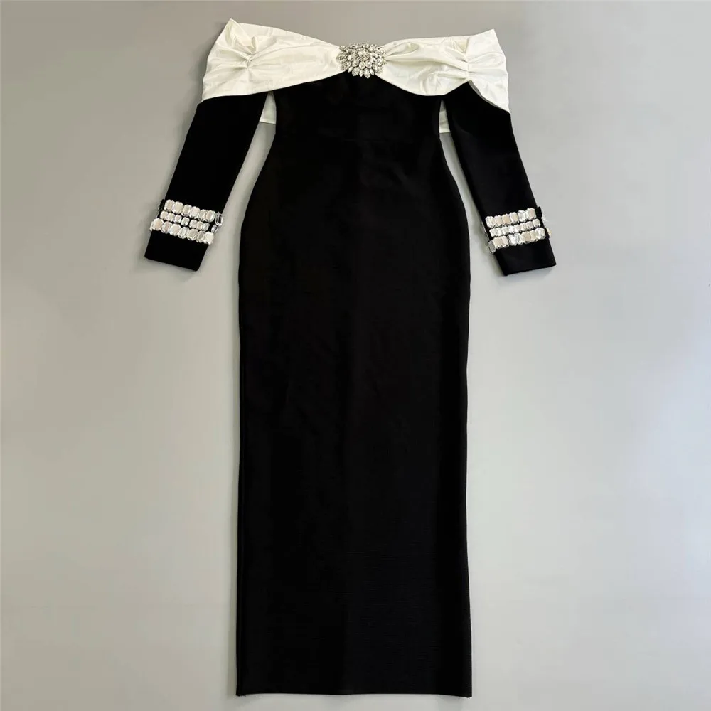 Color: black, Size: L - Women Beading Elegant Bandage Dress Sexy Off The Shoulder Long Sleeve Patchwork Clothing Club Party Celebrity Dresses