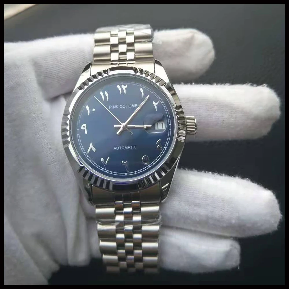 Color: Ivory - Luxury Steel Arabic Numbers Watches Automatic Movement Urdu Numerals Mechanical Wristwatch Men Waterproof Erkek Saatleri