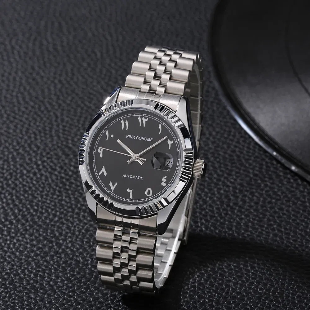 Color: Ivory - Luxury Steel Arabic Numbers Watches Automatic Movement Urdu Numerals Mechanical Wristwatch Men Waterproof Erkek Saatleri