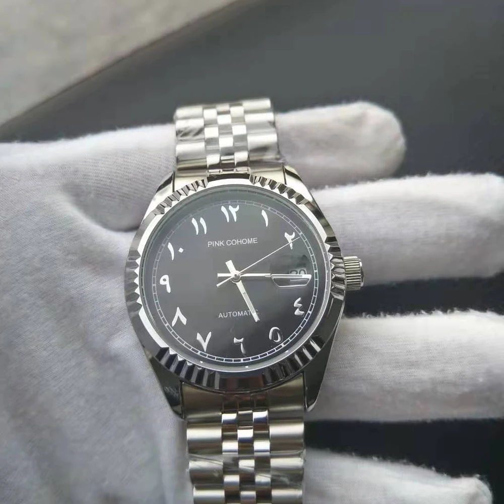 Color: Ivory - Luxury Steel Arabic Numbers Watches Automatic Movement Urdu Numerals Mechanical Wristwatch Men Waterproof Erkek Saatleri