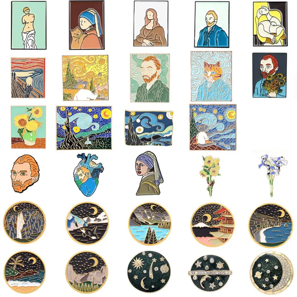 Metal color: Light Yellow Gold Color - Van Gogh Oil Painting Brooch Van Gogh Brooch Galaxy Brooch Star Moon Sunflower Brooch Art Brooch Van Gogh Lapel Pin