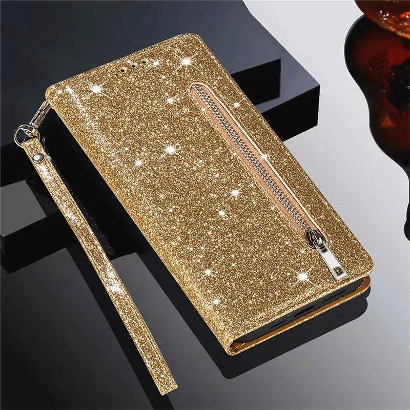 Color: Gold, Material: POLYESTER - Zipper Flip Wallet Glitter Leather Case for iPhone 16 15 14 13 12 11 Pro Max XS XR 8 7 Plus SE 2022 Mini Bling Stand Phone Cover
